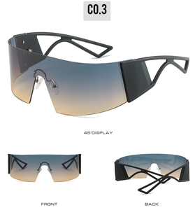 Three views of futuristic cyberpunk oversized rimless sunglasses with blue orange gradient lens