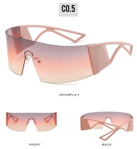 Three-way view of cyberpunk oversized rimless sunglasses with gradient lenses and pink arms