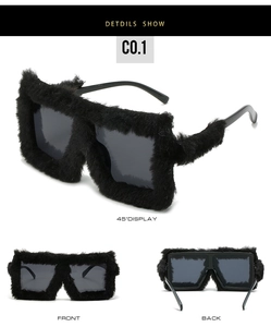 Detail views of oversized square sunglasses featuring fluffy black plush trim and grey lenses