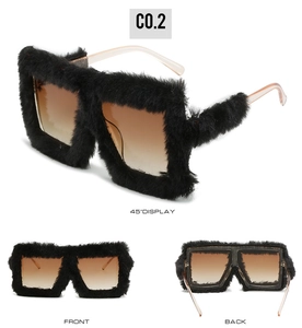 Detailed views of furry square sunglasses with gradient lenses in three angles