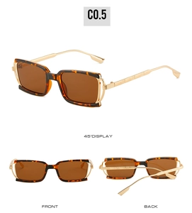 Detail view of tortoiseshell rectangle sunglasses with gold metal temples from three angles