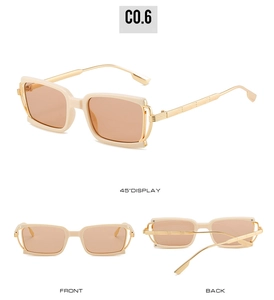 Three views of cream rectangular sunglasses with gold metal temples and tinted lenses