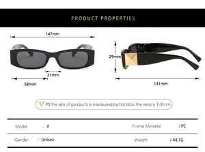 Size chart showing 147mm frame width and PC material specs for rectangle sunglasses
