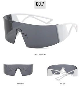 Detail view of white cyberpunk oversized wraparound sunglasses with geometric cutouts