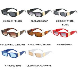 Matrix view of rectangular sunglasses in eight color variants with gold temple accents