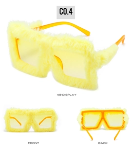 Detail view showing yellow fuzzy plush frame cat eye sunglasses from multiple angles