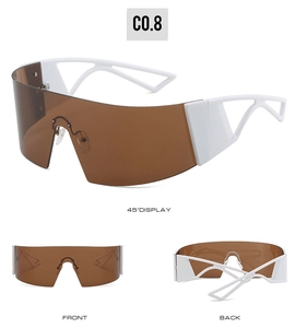 Three-angle display of futuristic oversized shield sunglasses with white hollowed temples