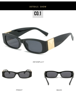 Detailed views of vintage small rectangular sunglasses with gold metallic hinge accents