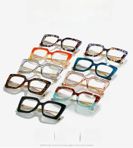 Detailed top view of various stylish square optical frames in diverse colors with gold metal temples