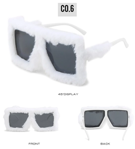 Detailed views of white plush cat-eye sunglasses featuring fuzzy frames and black lenses