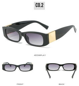 Three views of black rectangle sunglasses with purple gradient lenses and gold metal accents