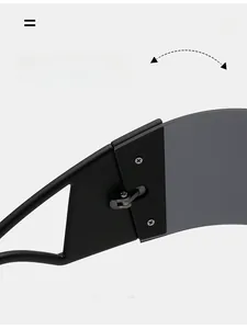 Macro view of durable hinge mechanism on matte black cyberpunk visor sunglasses