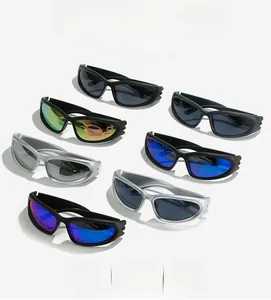 Steampunk sports sunglasses featuring aerodynamic frames and multi-color mirrored lenses