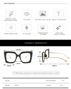 Detailed size specifications for square black PC frame glasses with UV400 protection