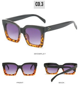 Drei Ansichten einer quadratischen Sonnenbrille mit Schildpattrahmen und lila Verlaufsgläsern