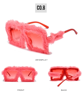 Detailed views of pink fuzzy cat eye sunglasses with red brown gradient lenses