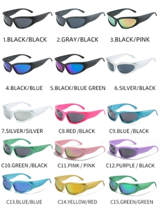 Matrix grid showing 15 colorful steampunk sports sunglasses in various vibrant mirror lens finishes