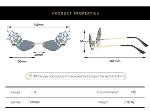 Detailed dimension guide for flame-shaped pearl sunglasses with measurements and PC material specs