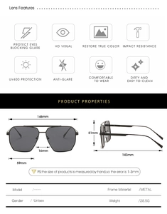 Detailed size chart and technical specifications for polarized aviator sunglasses