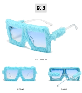 Detailed multi-angle views of blue faux fur cat-eye sunglasses with gradient lenses