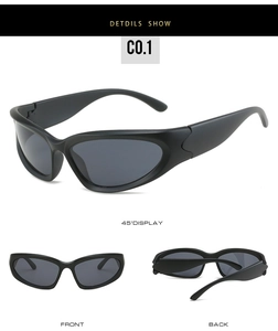 Detailed views of matte black wrap-around sporty Y2K steampunk sunglasses with dark lenses