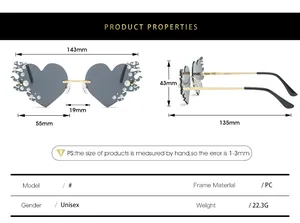 Spécifications détaillées des dimensions des lunettes cœur avec perles et strass