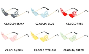 Detailed grid showing six colors of flame shaped rimless sunglasses with pearl accents