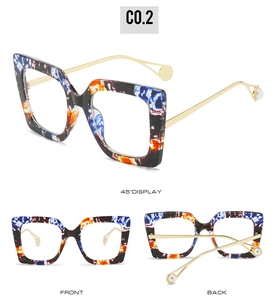Three-way view of square marble texture eyeglass frames with gold metal temples