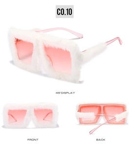 Three-view layout of fashion cat-eye sunglasses with white faux fur trim and pink lenses