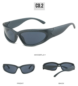 Multi-angle view of steampunk sunglasses with grey carbon fiber texture frame and oval lens