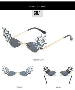 Multi-angle view of flame shaped rimless sunglasses with decorative pearls and gold temples