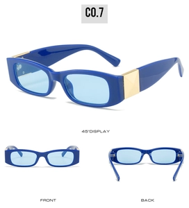 Three-view display of navy blue rectangular sunglasses with gold pyramid metal accents
