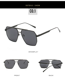 Detailed views of black double bridge polarized sunglasses from front, back, and 45-degree angles