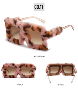 Three-view display of cat eye sunglasses with fuzzy leopard print frames and clear temples