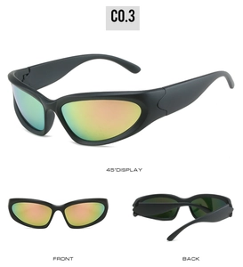 Three-view display of steampunk sports sunglasses with matte black frames and rainbow lenses