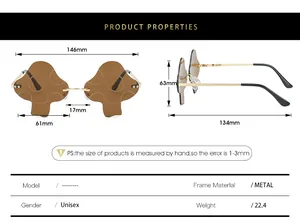 Size guide for mushroom sunglasses with metal frame specs and detailed dimensions