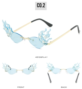 Multiple views of flame shaped sunglasses with light blue lenses and pearl embellishments