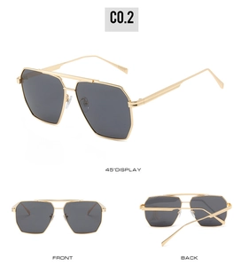 Three-angle view of gold pilot sunglasses with dark polarized lenses and double-bridge frame