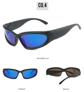 Three-angle view of steampunk wrap sunglasses with matte black frames and blue lenses