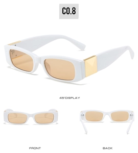 Detailed multi-angle views of white square sunglasses with amber lenses and gold studs