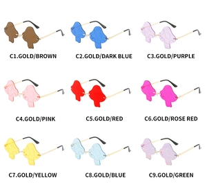 Nine color options for mushroom-shaped rimless sunglasses with gold metal temples