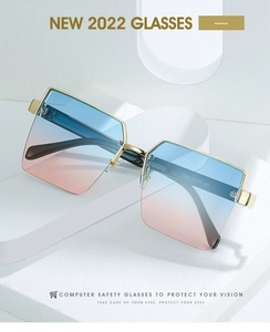 Detailed macro of oversized square sunglasses with blue-pink gradient lenses and gold metal frame