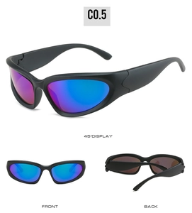 Multi-angle views of steampunk sports sunglasses with matte black frames and purple lenses