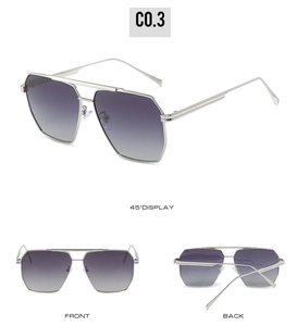Three perspectives of silver aviator sunglasses with purple gradient lenses