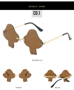 Three-angle view of brown mushroom shaped rimless sunglasses with gold temples and polka dots