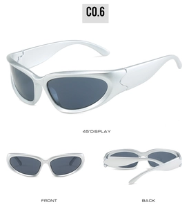 Multiple views of futuristic wraparound sport sunglasses with matte silver frames