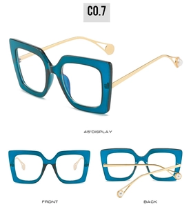 Multi-angle view of blue square glasses with gold temples and pearl detail