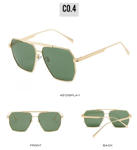 Multi-angle views of gold pilot sunglasses with green lenses and double bridge design