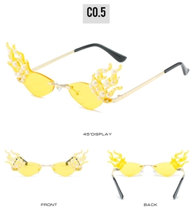 Three views of flame-shaped yellow sunglasses with pearl accents and gold metal temples