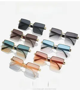 Detailed view of square semi-rimless sunglasses in multiple gradient lens colors